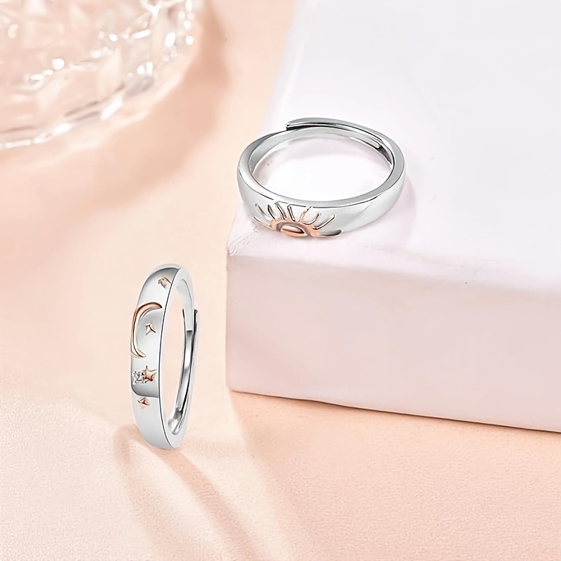 Sun & Moon Couple Rings 2pcs 925 Sterling Silver Engagement Adjustable Matching